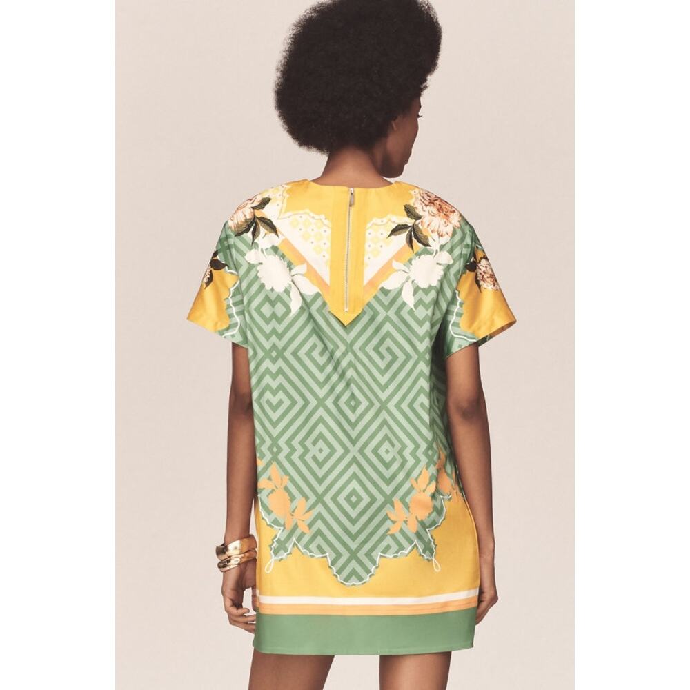 ANTHROPOLOGIE Scarf Print Floral Rayon Shift Mini Dress grandmillenial tshirt - Picture 2 of 8